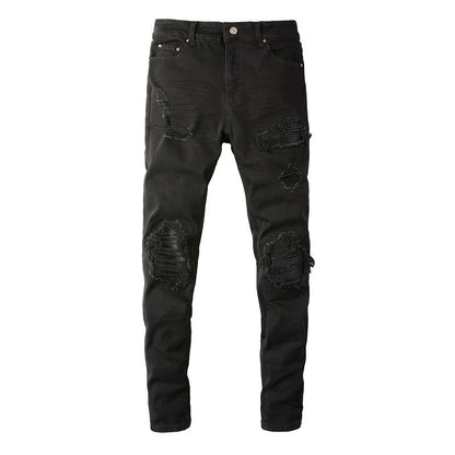 Black Leather Patch Jeans