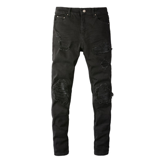 Black Leather Patch Jeans