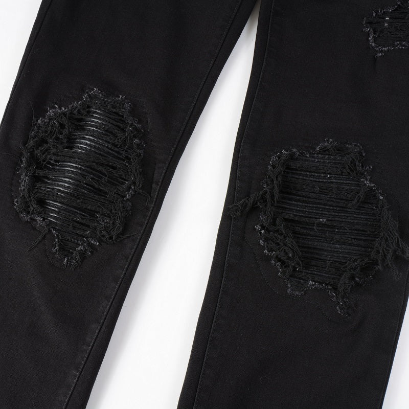Black Leather Patch Jeans